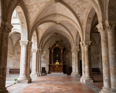 A serene chapel bathed in soft morning light, with candles flickering gently.