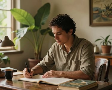 Portrait of a man writing at an antique desk in a room filled with plants and natural light. South American / Brazilian architecture style. He looks thoughtful and focused. The lighting is soft and golden.