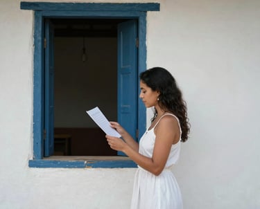 Photography of a woman standing near a window in a South American colonial-style house. She is looking at a handwritten sheet of paper. The composition is clean and minimalist, with soft shadows and a peaceful mood.