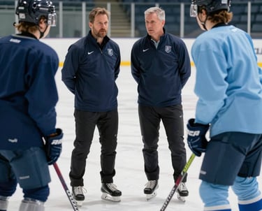 Candid photography of a collegiate coach and student-athlete discussing strategy on the ice, North American / US Southern setting, modern training attire in navy and light blue colors.