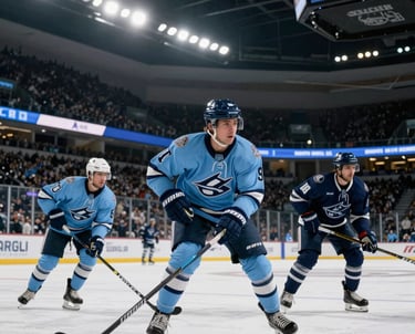 Action photography of a hockey game in a North American / US Southern arena, players in motion, light blue and navy blue jerseys, dynamic composition, dramatic overhead stadium lighting.