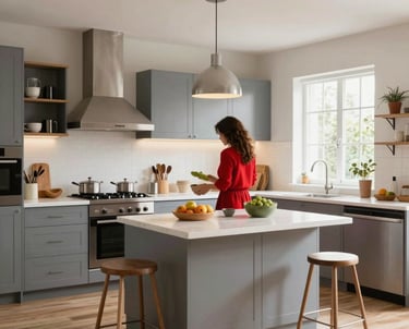 A cozy living room with sunlight streaming through large windows, showcasing a welcoming home.