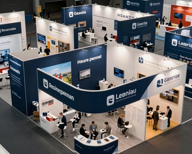 A high-angle shot of a vibrant, clean trade show floor in Germany, with orderly Navy Blue and White booths and corporate banners.
