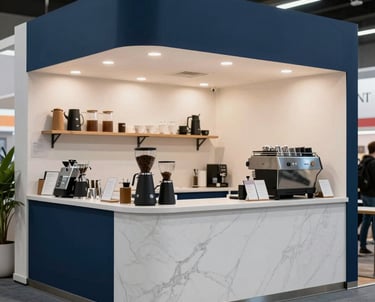 Professional photography of a trade fair booth with a high-end coffee bar area, using Navy Blue accents and white marble textures.