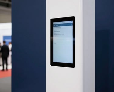 A vertical shot of a modern white exhibition pillar with an integrated touch screen, set against a Navy Blue backdrop in a Dubai convention hall.