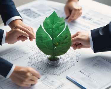 A dynamic team collaborating over futuristic blockchain technology visuals in a modern workspace.