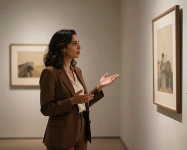 An elegant South American woman in professional attire gesturing towards a minimalist art installation in a high-end Brazilian gallery. The lighting is sophisticated, focusing on the dialogue between the educator and the space. Palette colors: earthy brown and espresso.