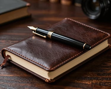 Close-up photography of a fountain pen resting on a leather-bound journal on a dark wooden table in a classic South American study room. Soft, focused lighting creates an intellectually stimulating mood. Palette colors: dark espresso and deep black brown.