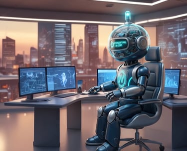 Futuristic AI robot sitting at a high-tech desk with computer monitors in a modern city office at sunset.