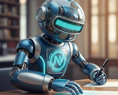 A futuristic blue AI robot writing with a pen on paper at a desk, illustrating automated content creation.
