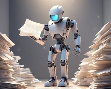 White AI robot sorting through large stacks of paper documents for data processing automation.