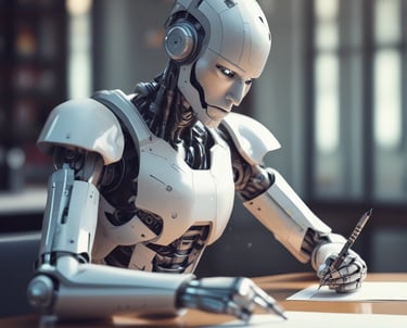 A white humanoid AI robot sitting at a desk and writing on paper with a pen, representing artificial intelligence content