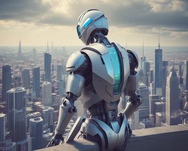 A futuristic silver humanoid robot overlooking a modern city skyline with skyscrapers from a rooftop ledge.