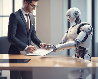 A businessman in a suit signs a legal contract held by a humanoid AI robot in a modern office.