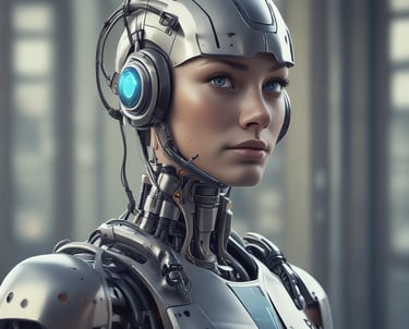 A futuristic female cyborg with realistic facial features and a complex metallic robotic body.