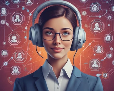 A customer service representative wearing a headset against a digital backdrop of connected user profile icons.