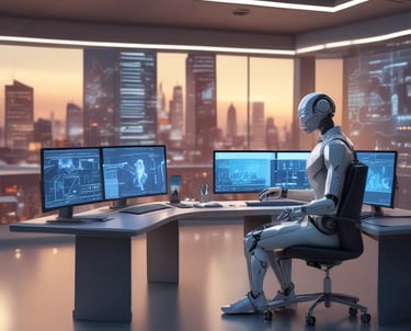 A futuristic AI robot working at a multi-monitor desk in a modern office overlooking a city skyline at sunset.