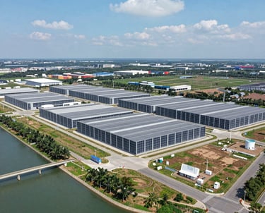 A serene landscape showing a wide, flat expanse of land under a bright sky, dotted with utility poles and fiber optic cables.