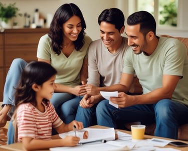 A caring advisor discussing health insurance options with a family in a bright office.