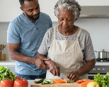 A warm kitchen scene with fresh ingredients and a simple meal being prepared.