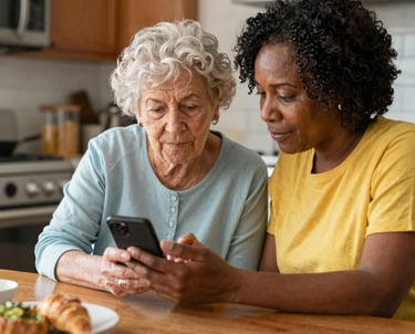 A warm, inviting scene of a caregiver gently assisting an elderly woman with organizing her living room.
