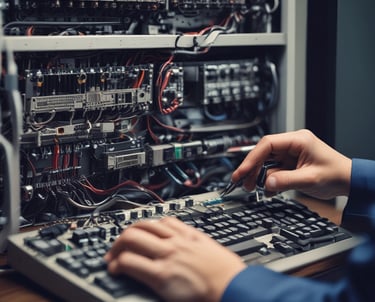 Technician repairing a laptop with precision tools on a clean workspace.