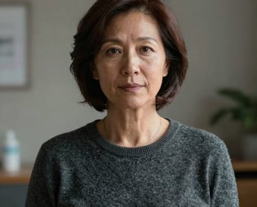 Portrait of a female therapist in her 50s, wearing a charcoal grey sweater, in a room with soft ambient lighting.