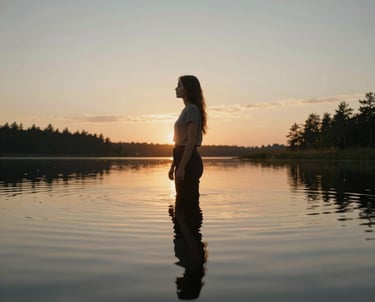 A woman's reflection in a still lake at sunset in the Baltic countryside, representing self-discovery and tranquility.