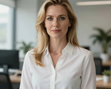 Professional portrait of a woman counselor in her 30s with blonde hair, wearing a white blouse, in a light-filled office.