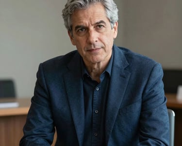 Portrait of a male counselor with grey hair, wearing a navy blue blazer, sitting in a professional and empathetic setting.