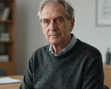 Portrait of a senior male psychologist in a dark slate sweater, looking kindly towards the camera in a modern minimalist room.