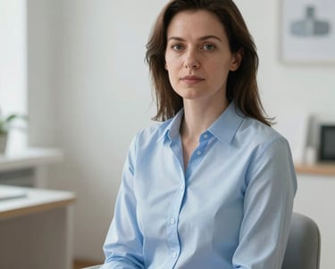 Portrait of a female psychologist in a light blue shirt, sitting in a bright airy room with Baltic decor elements.