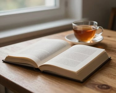 Photography of an open book and a cup of tea on a wooden table, soft light from a nearby window, evoking a feeling of calm reflection and away-from-screen time in a Baltic home.