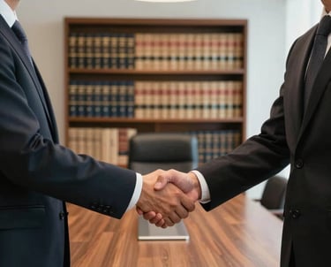 A medium shot of two professionals in formal business attire shaking hands in a bright, modern South American boardroom. The background shows a library of legal books, conveying reliability and expertise.