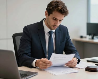 An indoor photograph of a lawyer in a dark navy suit reviewing documents on a clean, modern workstation. The atmosphere is quiet and focused, representing the specialized legal advice of a Brazilian law firm.
