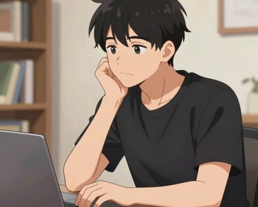 A thoughtful person working on a laptop surrounded by books on philosophy and AI concepts.