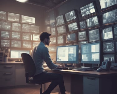 A focused team analyzing financial charts on multiple screens in a modern office.
