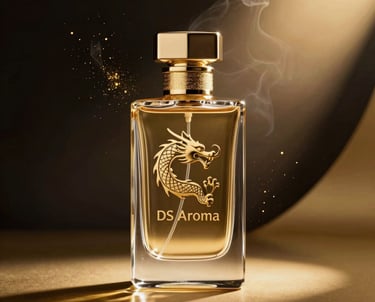A sleek, dark-themed 3D floating perfume bottle glowing softly with gold accents.