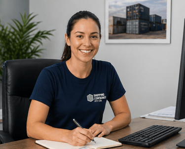 Smiling female shipping container specialist working at her desk with a notepad and computer.