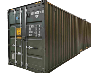 A 40-foot olive green high cube shipping container for cargo transport and storage.
