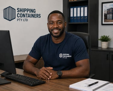 Smiling male logistics manager at Shipping Containers Pty Ltd desk with computer and documents.