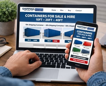 A person browsing a website for shipping containers for sale and hire on a laptop and smartphone.
