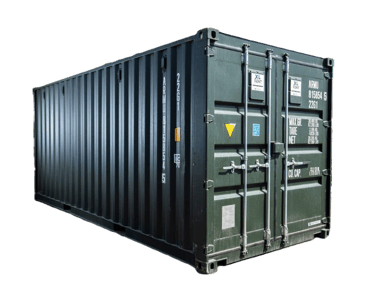 Industrial 20ft steel shipping container in dark green isolated on a black background for cargo storage.