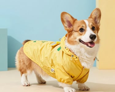 Un adorable Pembroke Welsh Corgi que lleva un impermeable amarillo con capucha para perros.