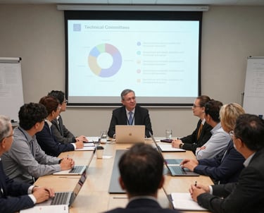 A professional meeting of diverse technical experts discussing standards around a conference table.