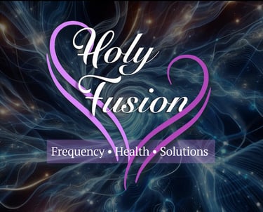 Holy Fusion logo set against swirling luminous energy, symbolising frequency‑based healing