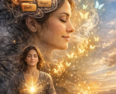 A woman releases stored emotional energies as light and butterflies, symbolizing healing and inner transformation