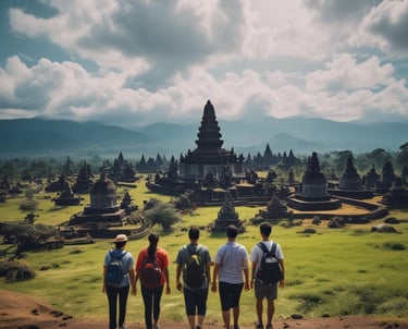 A friendly tour guide showing a group of happy travelers exploring a lush green forest.