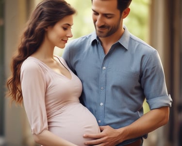 A father gently holding his partner's belly during pregnancy, radiating warmth and care.