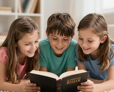Colorful illustration of children happily engaging with biblical activity books